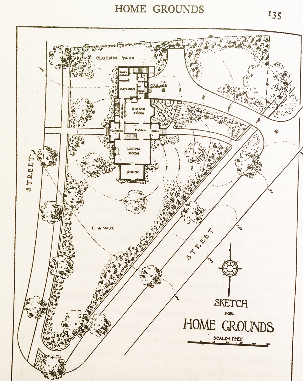 A drawing called "Home Grounds" from Simonds (1920, page 123), illustrating the relationship between structure, a residential landscape, and an adjoining golf course (copyright expired, public domain).