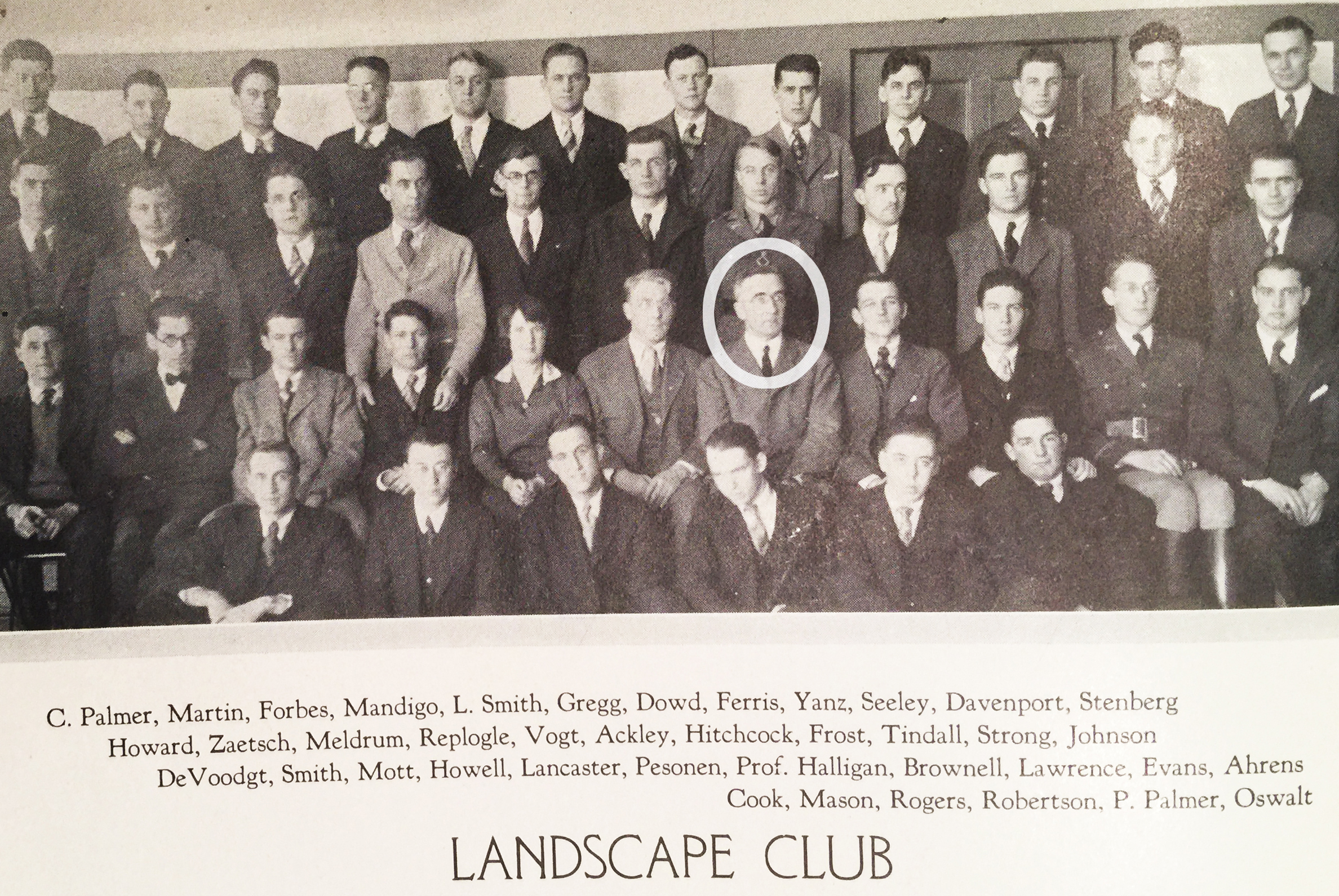 A photograph of the Landscape Architecture Club including Professor Charles Halligan circled in white.