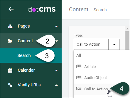 Shows the dotCMS content dashboard with Type drop down menu showing the different content types that can be selected, such as Call to Action.