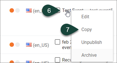Shows the window that pops up when right-clicking the mouse for the event to be copied, and selecting "copy" from the resulting drop-down menu that opens.