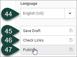 Showing the final steps buttons, including Language, Save Draft, Check Links and Publish.