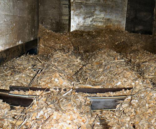 Wood chip storage buildings have floor designs engineered to move chips onto conveyor systems.