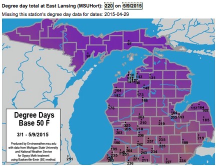 Accumulated degree days on a map of Michigan