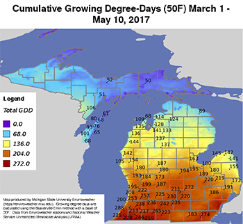 Heat accumulation base 50 F in Michigan in terms of number of GDDs 