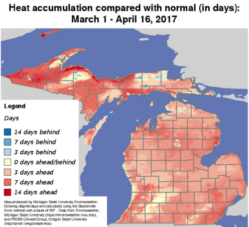 Enviroweather map showing heat accumulation compared with normal.