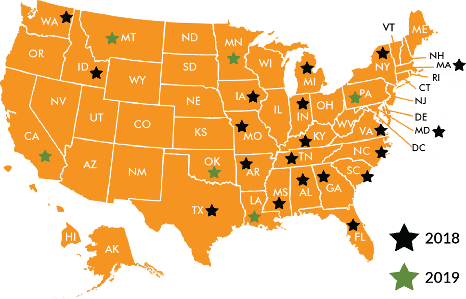 A map of states participating in the Coming Together for Racial Understanding Workshops in 2018 and 2019.