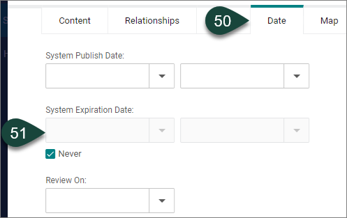 Date tab showing date-related fields for System Pubish Date, System Expiration Date, "Never" check box and "Review on."