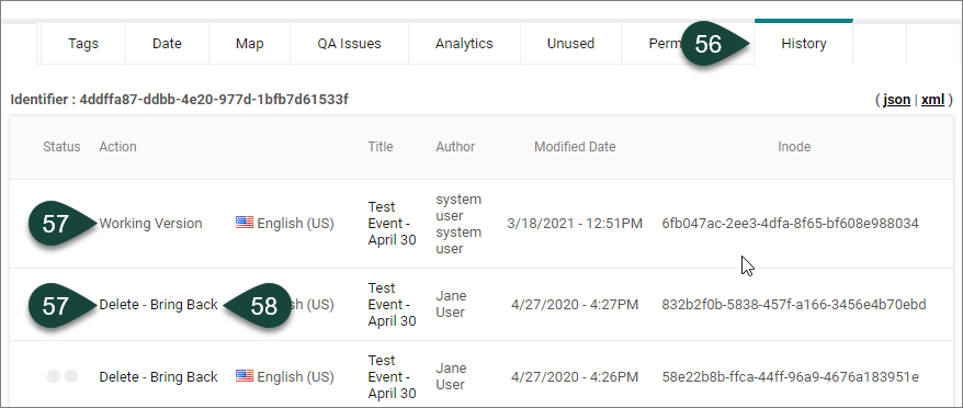 History tab showing Working Version and Bring Back versions to select for a published event.