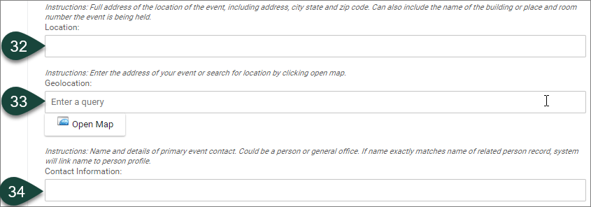 the fields for Location, Geolocation and Open Map button, and Contact Information.