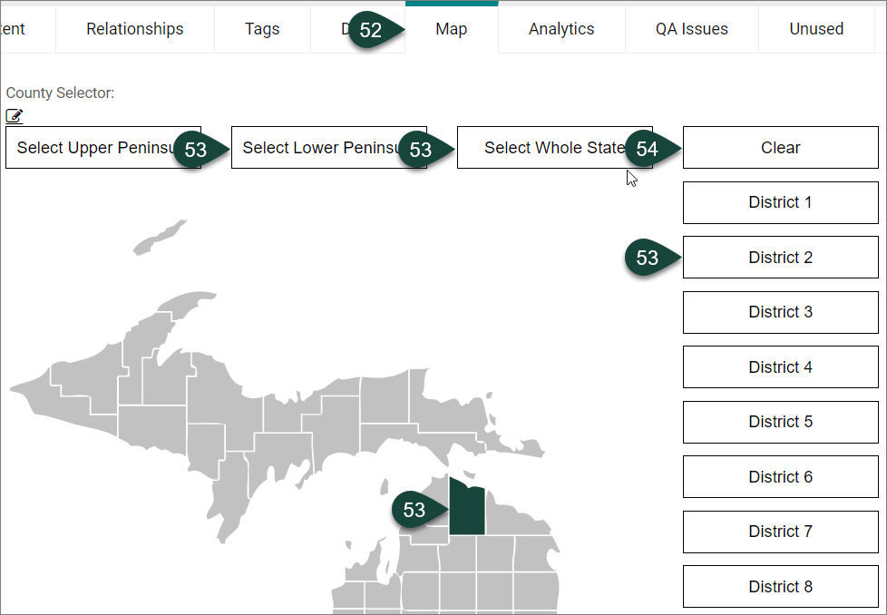 Map tab with the map options to select for parts of the State of Michigan or specific counties.