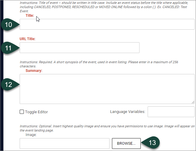 This image shows the Title, URL Title, Summary and Image fields. For the Image Field, the Browse button is also indicated.