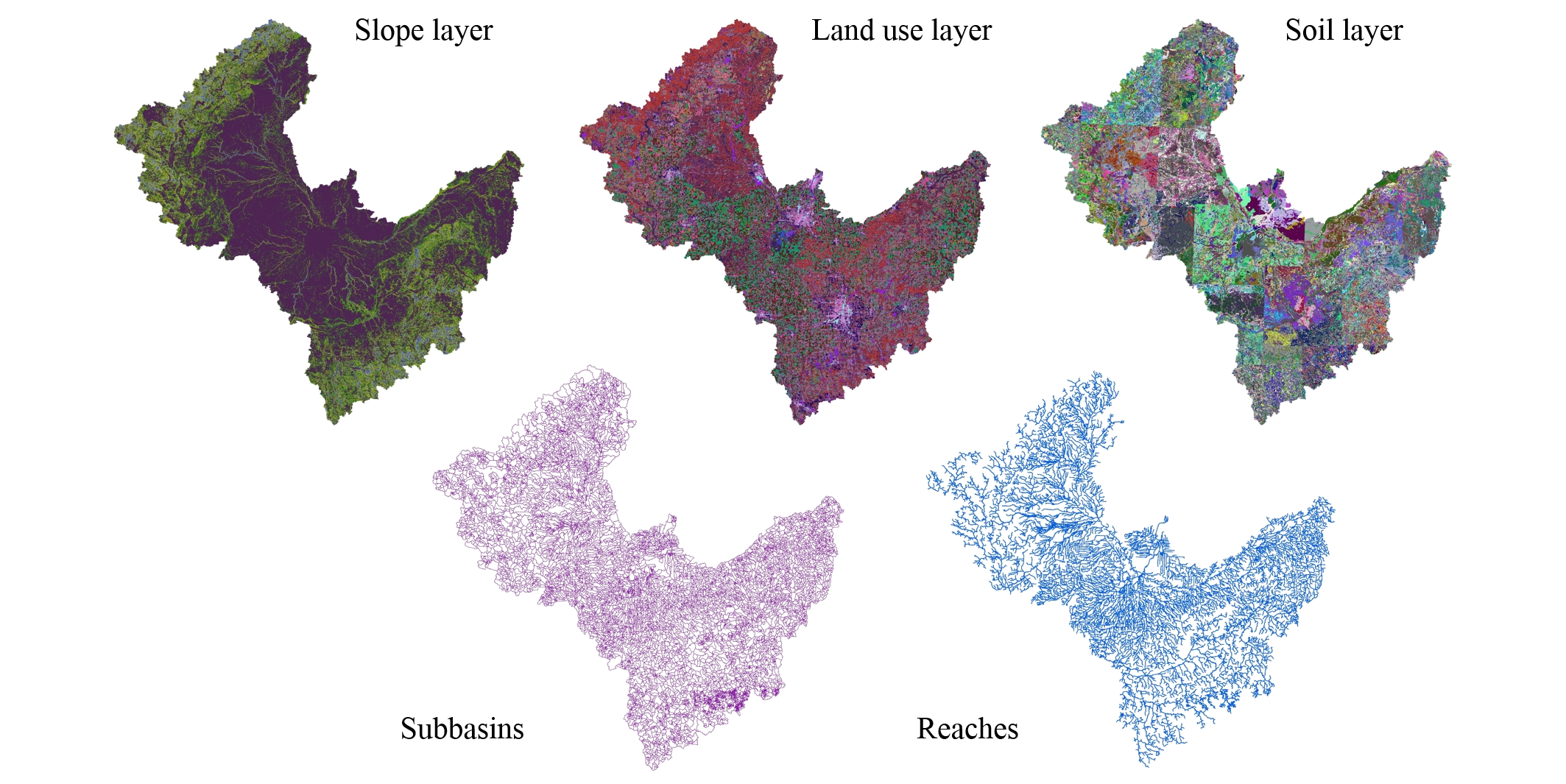 Photo of geospatical layers including slope, land use, soil type, subbasin boundaries, and river networks as used to build a biophysical model for the Saginaw River watershed in Michigan.