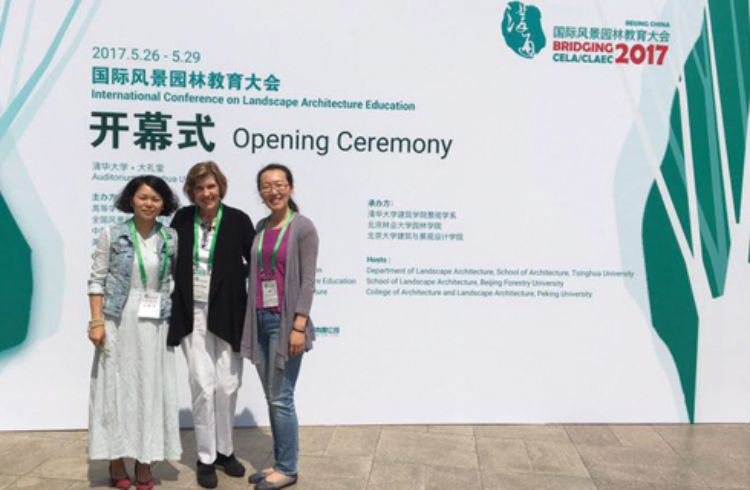 Photo of Professor Joanne Westphal at the CELA Conference in Beijing, China 2017, with Dr. Chong Qing Liu and Dr. Chong Qing.