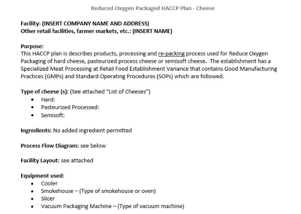 Reduced Oxygen Packaged HACCP Plan Cheese Meat Processing Variance