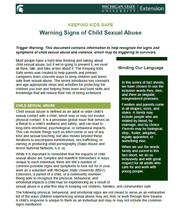 Thumbnail of the Warning Signs of Child Sexual Abuse file.