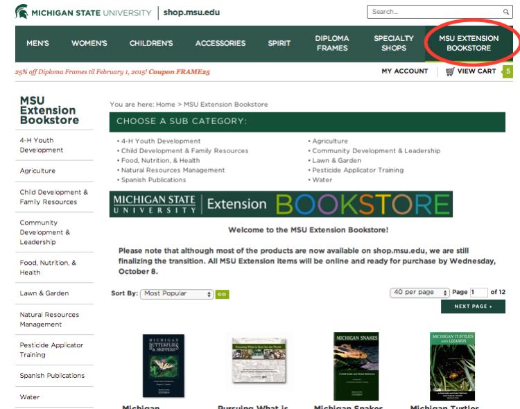 The MSU Extension Bookstore can be found on the top right corner of the shop.msu.edu website. Photo credits: shop.msu.edu