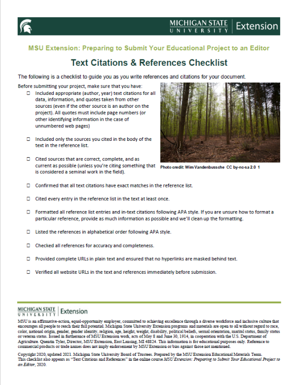 Text citations and references checklist for educational materials.