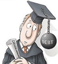 Student with diploma in hand and cap on head weighted down with debt