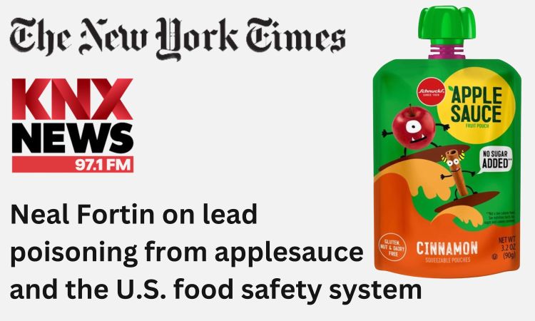 Image of an apple sauce pouch, and logos for the New York Times and KNX News. Text reads 