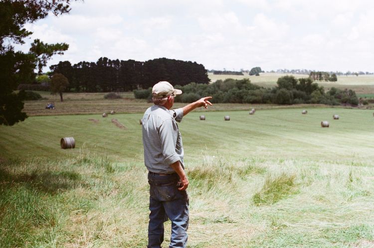 A farmer standing in grass.