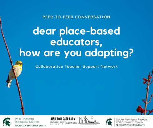 Bird on branch. Peer to peer conversation. Place-based educators, how are you adapting? Collaborative Teacher Support Network