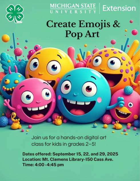 Picture with colorful emojis with 4-H and MSU Extension logos.