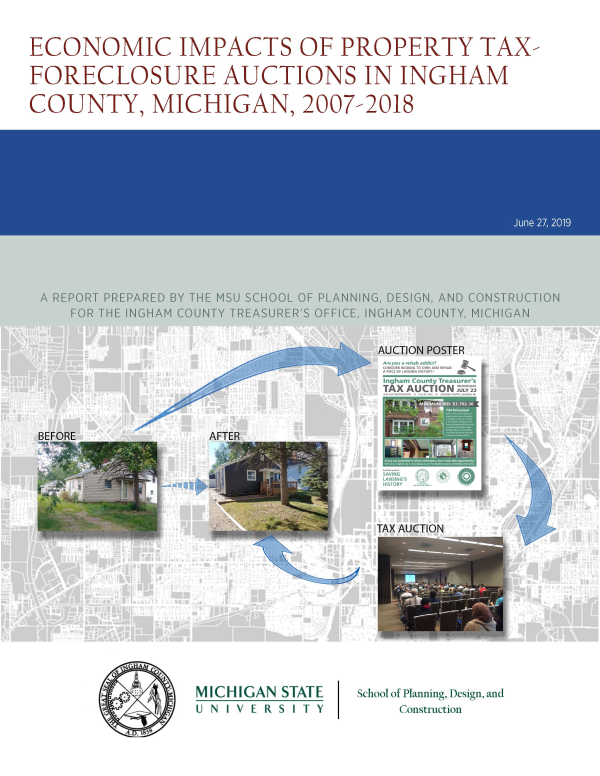 Front cover of the report showing before and after photos of a house that went through the auction process and resulting rehabilitation of the property to make it more valuable.