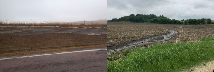 Two photos, one showing wind erosion on a field and the other showing water erosion to a field.