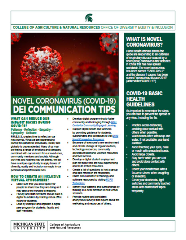 The CANR Office of Diversity, Equity and Inclusion developed some novel coronavirus (COVID-19) communication tips to share with the MSU community to help foster understanding and inclusion.