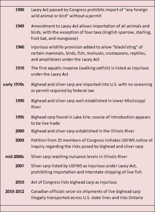 Lacey Act and Asian carp invasion timeline. Photo courtesy: Dan O'Keefe