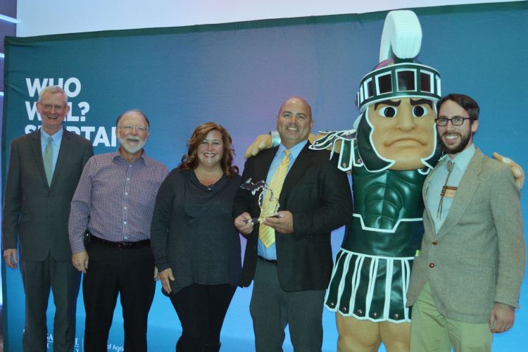 Award winners stand with Sparty and Jeff Dwyer.
