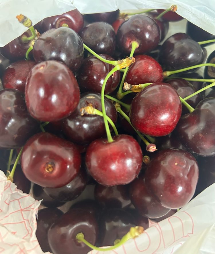 A bunch of red cherries.