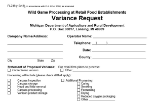 Wild Game Processing at Retail Food Establishments Variance Request