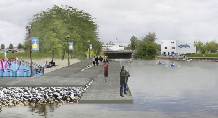 Envisioned waterfront at Au Gres mooring facility (depicting universal access, beach play area and water playscape.) Illustration credit: Rachel Pieschek, Lawrence Technological University