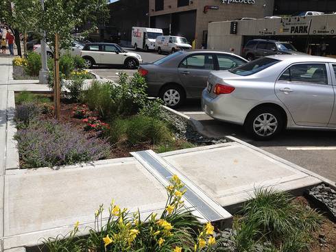 Cars are angle parked along a street with stores shown behind them. Between a sidewalk and the parking area there are several gardens planted with flowers and trees to help absorb water.