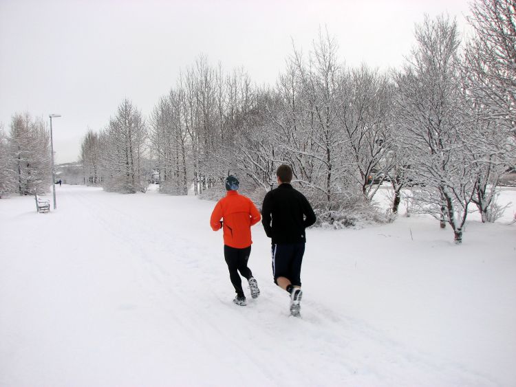 Two people running on a path in the snow.