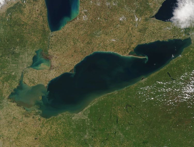 Image of Lake Erie from May 16, 2016 taken by MODIS on NASA’s Terra satellite. Sediment in the western basin and along the Ohio coast was stirred up due to strong westerly winds. These winds also pushed the Maumee River plume (dark brown) south and east. 