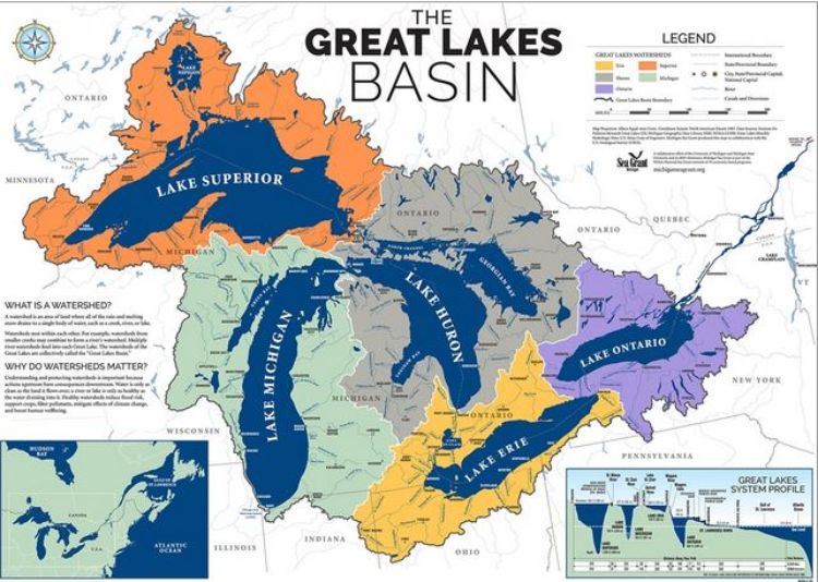 Aerial map showing the Great Lakes Basin with the watershed areas for in a different color for each lake.