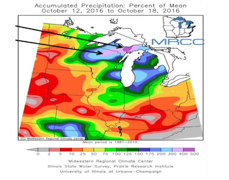 Map showing well above normal precipitation for Upper Michigan and Northern Wisconsin | Photo by: Midwest Regional Climate Center