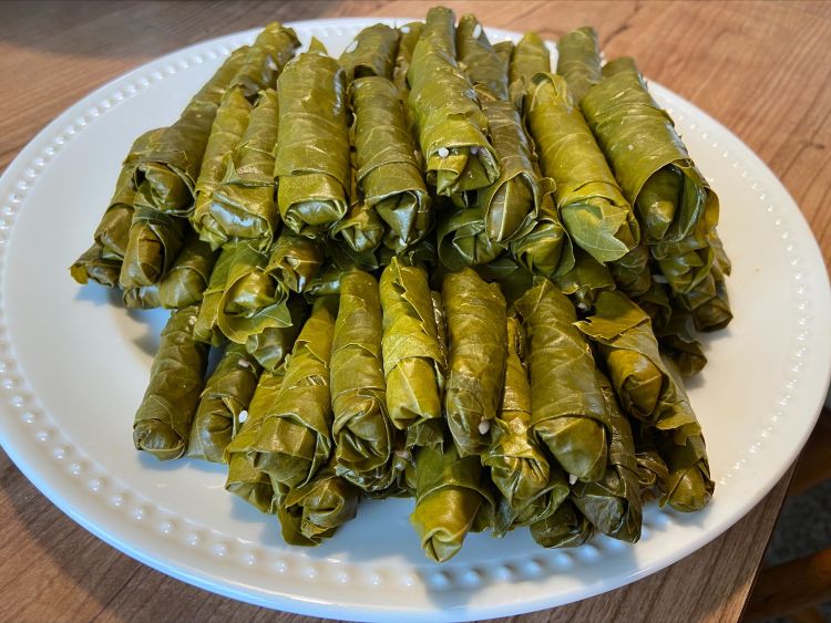 Grape leaves on a plate.