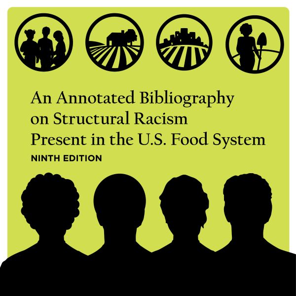 Square graphic includes silhouettes of people's heads and illustrations representing different parts of the food system. Black text on the light green background reads, 