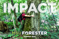 Forester alumni magazine summer 2019 edition Impact front cover - student Alex Love hugging a large tree