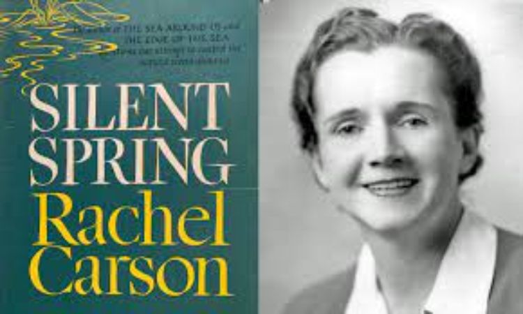 A book cover of Rachel Carson's Silent Spring with her black and white photo.