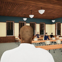View of avatars in a Chittenden Hall classroom from the MSU A Mile in My Shoes virtual reality application.