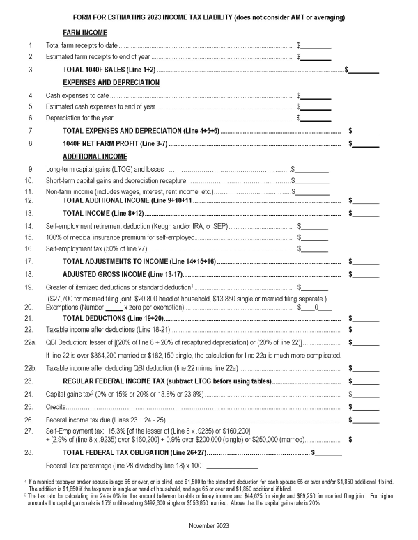 Tax Estimation Form 2023 - TelFarm