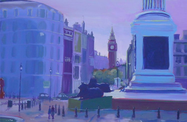 Painting by LA associate professor Jon Burley of Trafalgar Square in London.