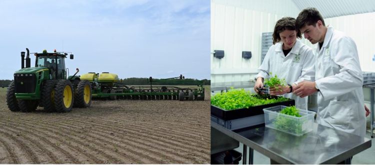 Two photos: One is a large tractor in a field. The other is two individuals with white lab coats working in a laboratory with vegetation.