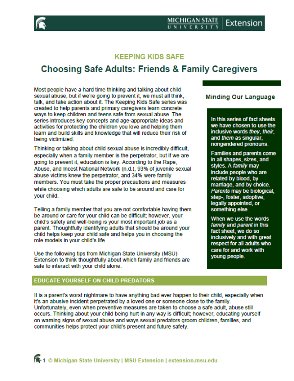 Screenshot of the first page of the Keeping Kids Safe: Choosing Safe Adults: Friends & Family Caregivers document.
