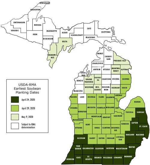 Map of Michigan showing earliest planting dates for soybeans