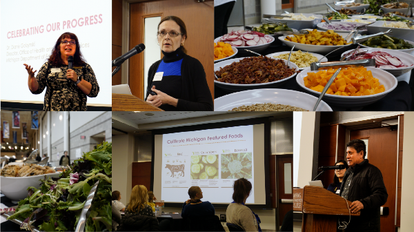 Photo collage featuring pictures of speakers at the 2019 Michigan Farm to Institution Network Gathering, food from the event, and slides presented during the meeting.